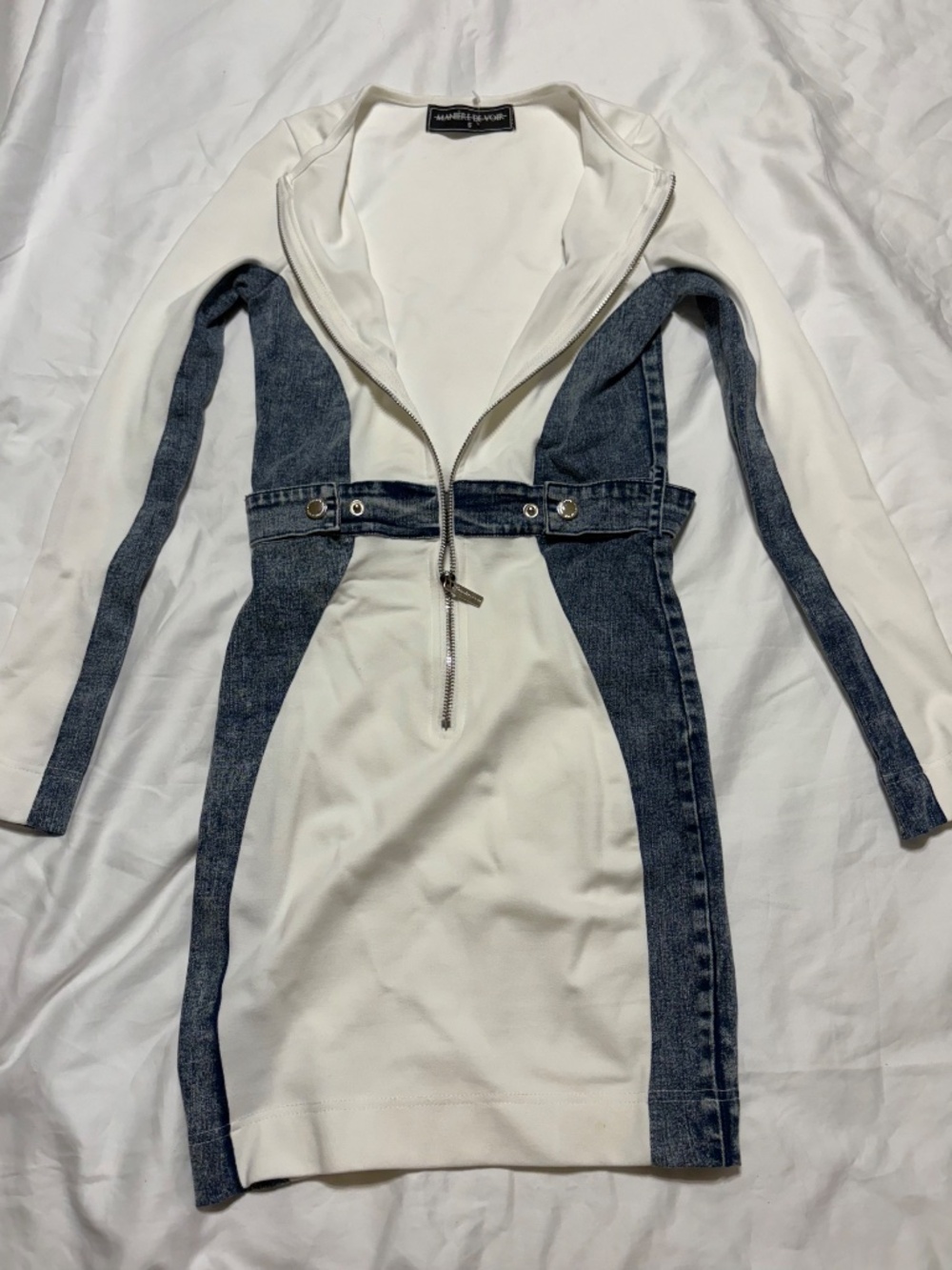 Manière De Voir Contrast Denim & Knit Long Sleeve Mini Dress Size 6 NWOT - Picture 2 of 6